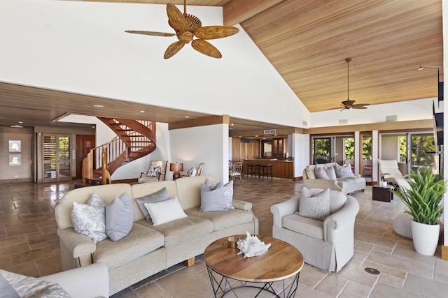 living room with ceiling fan, high vaulted ceiling, and wooden ceiling