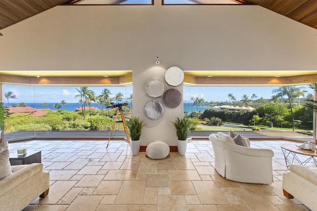 building lobby featuring a water view