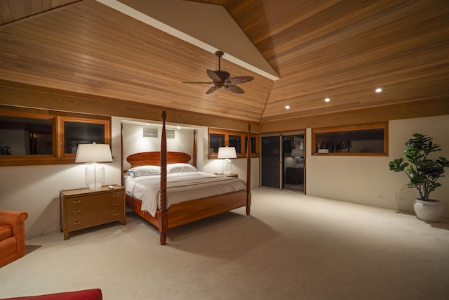 carpeted bedroom featuring vaulted ceiling, ceiling fan, and wood ceiling