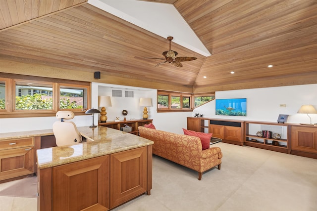 living room featuring plenty of natural light, wood ceiling, and vaulted ceiling