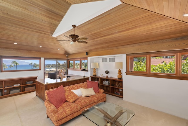 living room with lofted ceiling and wood ceiling