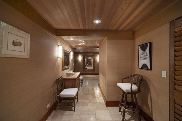 hall featuring wood ceiling