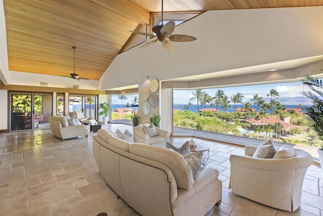 interior space featuring ceiling fan, high vaulted ceiling, and wood ceiling