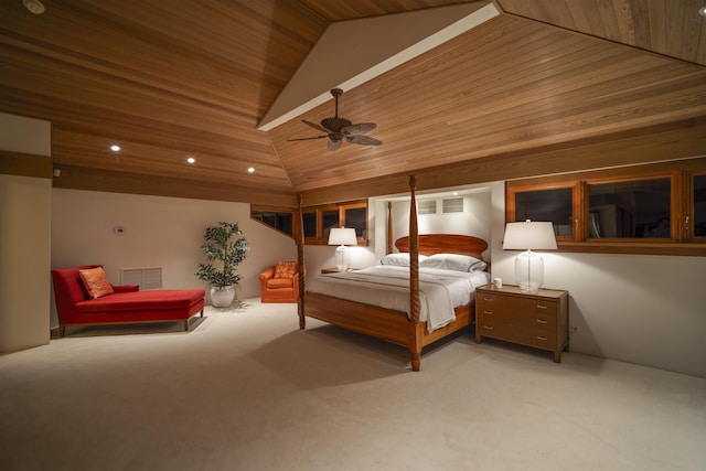 bedroom with light carpet, vaulted ceiling, ceiling fan, and wood ceiling