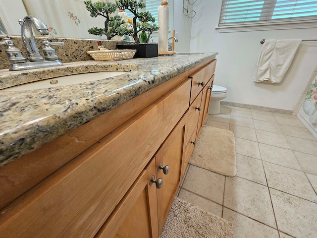 bathroom featuring tile patterned flooring, vanity, and toilet