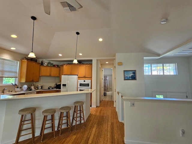 kitchen with pendant lighting, white appliances, a wealth of natural light, and light hardwood / wood-style floors