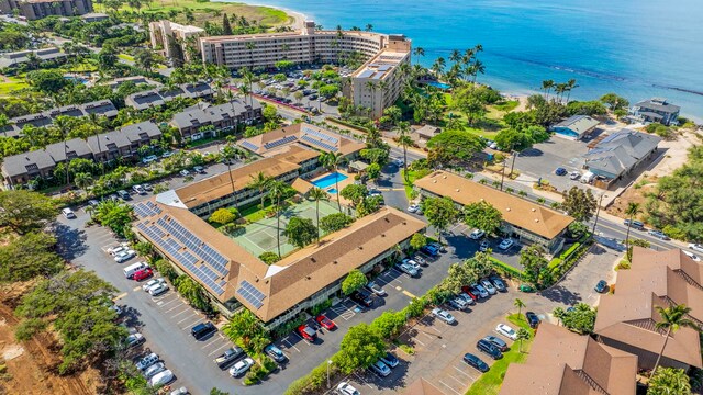 bird's eye view with a water view