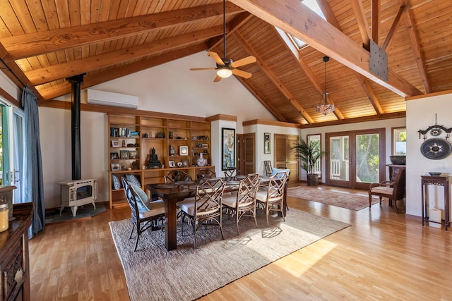 dining space with a wall unit AC, a wood stove, high vaulted ceiling, beam ceiling, and wood ceiling