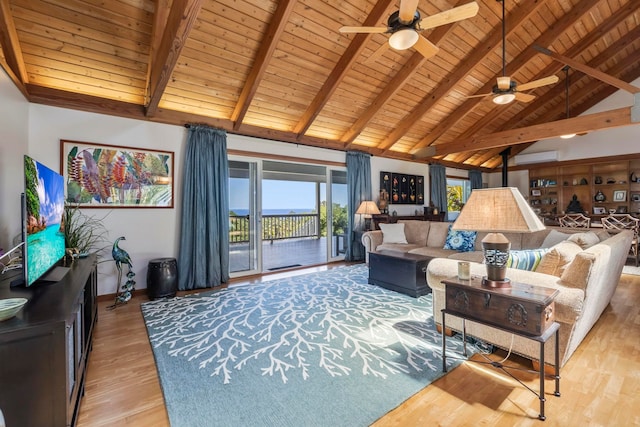living area with ceiling fan, wooden ceiling, beamed ceiling, light wood finished floors, and high vaulted ceiling