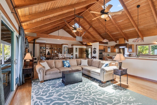 living room with light wood-style flooring, beam ceiling, wooden ceiling, ceiling fan, and high vaulted ceiling