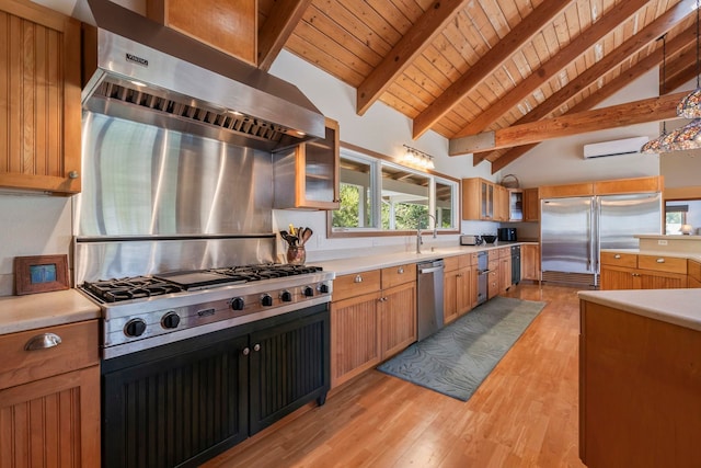 kitchen featuring beam ceiling, wall chimney exhaust hood, wooden ceiling, light wood-type flooring, and premium appliances