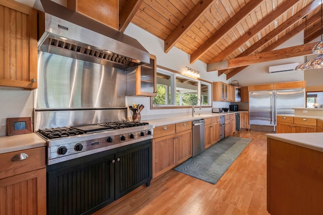 kitchen featuring appliances with stainless steel finishes, wood ceiling, light wood-style flooring, light countertops, and glass insert cabinets