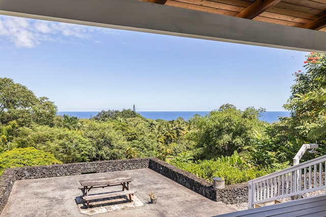 view of patio / terrace featuring a water view