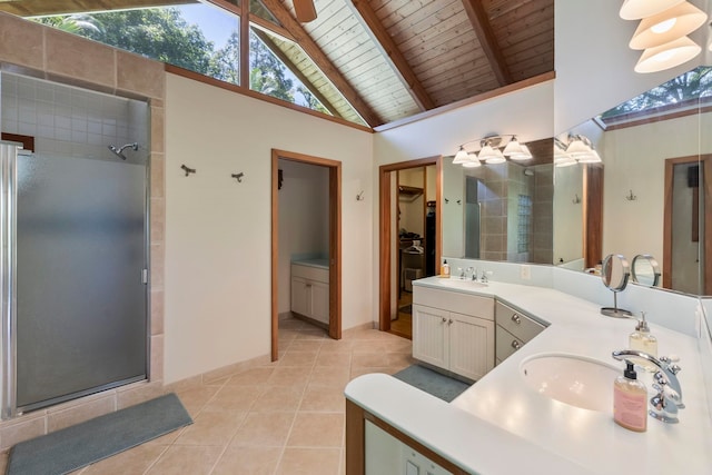 bathroom featuring wood ceiling, a shower with shower door, beamed ceiling, vanity, and high vaulted ceiling