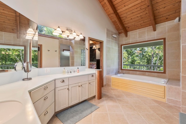 bathroom with wood ceiling, tiled bath, beamed ceiling, vanity, and tile walls