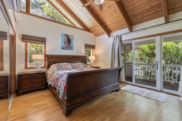 bedroom with access to outside, beam ceiling, wood ceiling, wood finished floors, and high vaulted ceiling