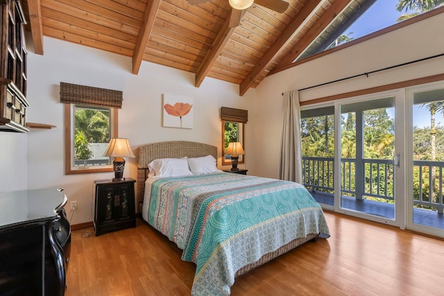 bedroom featuring vaulted ceiling with beams, wood ceiling, access to exterior, ceiling fan, and light hardwood / wood-style floors