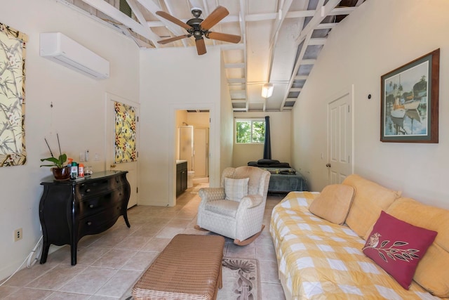 living area with an AC wall unit, light tile patterned floors, ceiling fan, beamed ceiling, and a towering ceiling