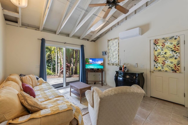 tiled living room featuring a wall mounted AC, beamed ceiling, high vaulted ceiling, and ceiling fan