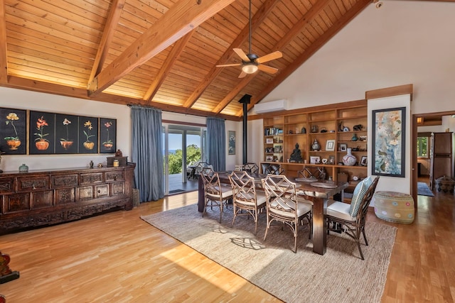 dining room featuring high vaulted ceiling, wooden ceiling, beamed ceiling, ceiling fan, and wood finished floors