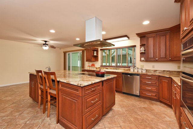 kitchen featuring island exhaust hood, open shelves, a sink, a center island, and appliances with stainless steel finishes