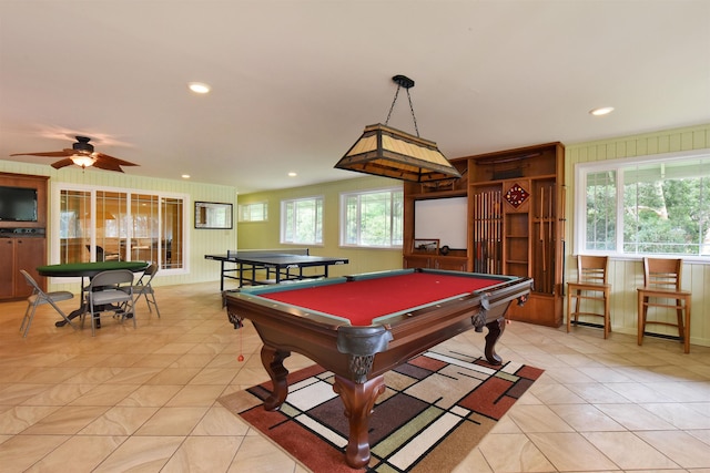 recreation room featuring pool table, light tile patterned floors, recessed lighting, and ceiling fan