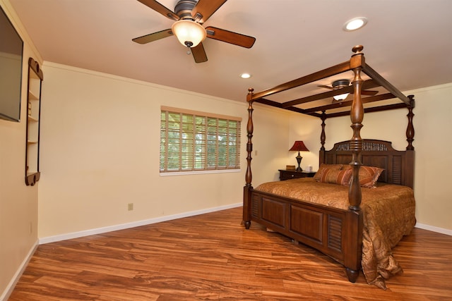 bedroom with beamed ceiling, wood finished floors, recessed lighting, baseboards, and ceiling fan