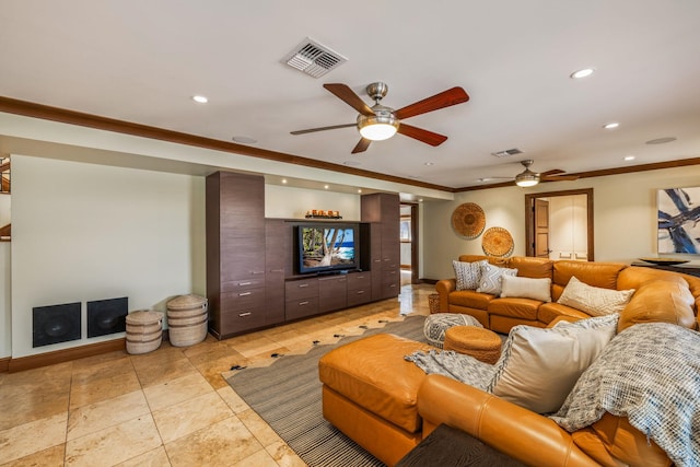 living room with ornamental molding and ceiling fan