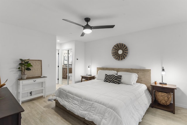 bedroom with connected bathroom, recessed lighting, a ceiling fan, baseboards, and light wood finished floors