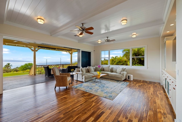 living room featuring wood ceiling, beam ceiling, ceiling fan, dark hardwood / wood-style floors, and crown molding