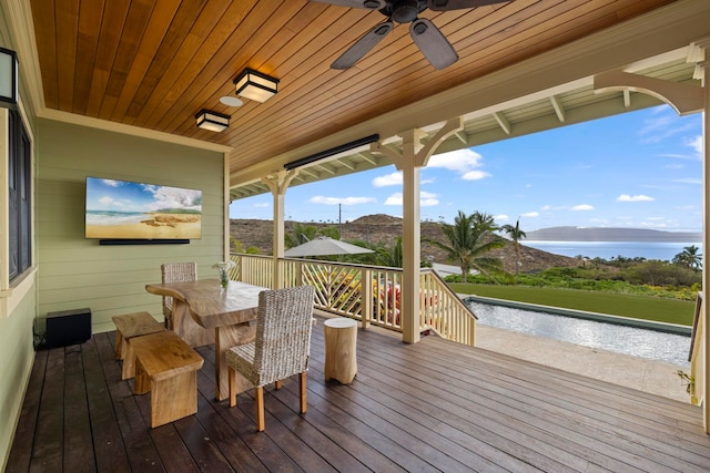 deck featuring a water view, a ceiling fan, and outdoor dining area
