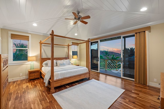 bedroom with hardwood / wood-style floors, wood ceiling, access to outside, and ceiling fan