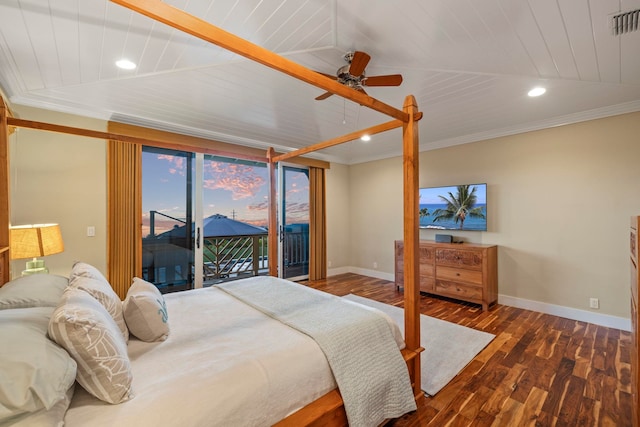 bedroom featuring access to outside, wood ceiling, dark hardwood / wood-style flooring, ceiling fan, and lofted ceiling