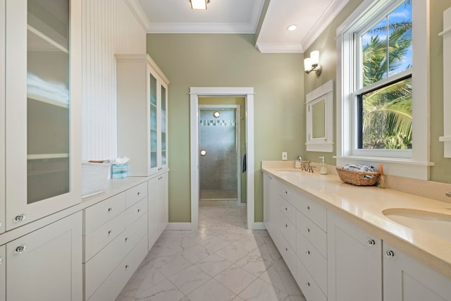 bathroom with vanity, walk in shower, and ornamental molding