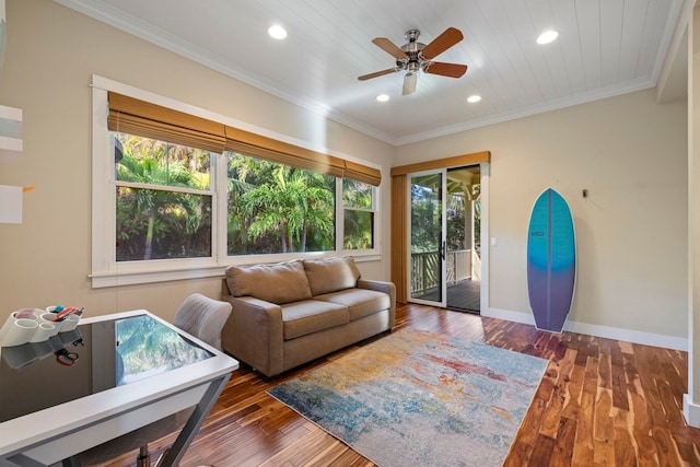 living room featuring crown molding, ceiling fan, wooden ceiling, and dark hardwood / wood-style flooring