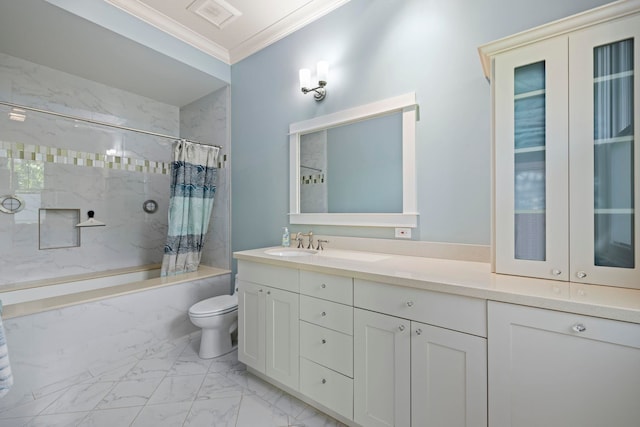 bathroom with shower / tub combo, vanity, crown molding, toilet, and marble finish floor