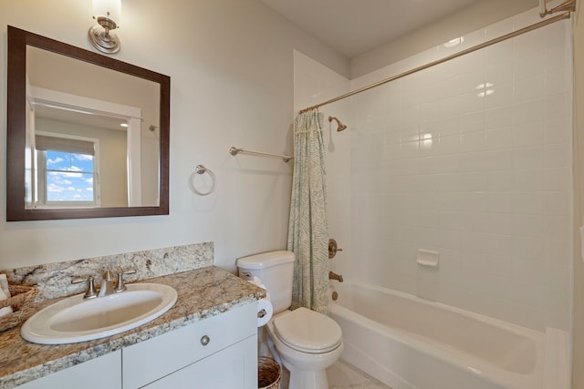 full bathroom featuring vanity, shower / bath combo, and toilet