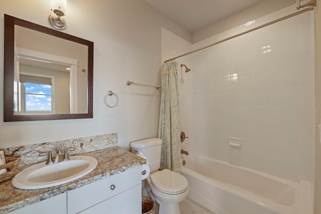 full bath with toilet, shower / bath combo with shower curtain, and vanity
