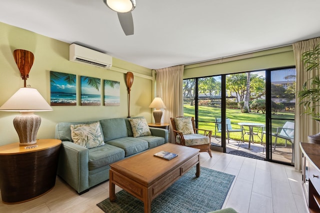 living room with a ceiling fan and an AC wall unit