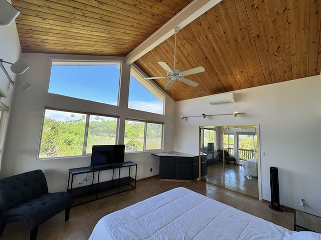 bedroom with multiple windows, beam ceiling, wood ceiling, and a wall mounted AC