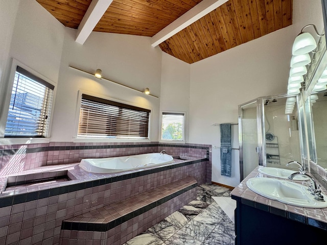 bathroom featuring vanity, shower with separate bathtub, wooden ceiling, and vaulted ceiling with beams