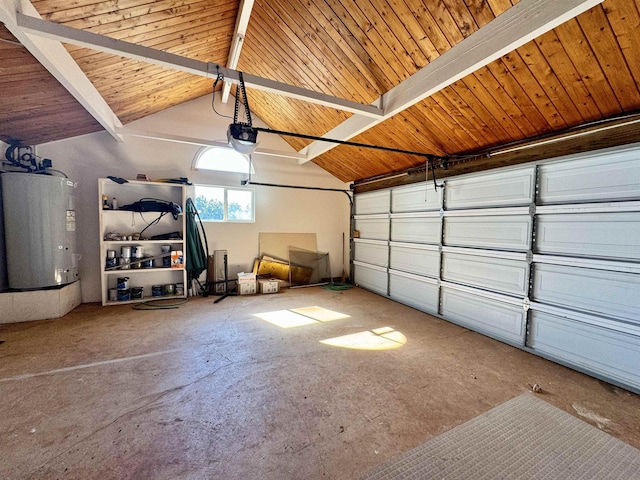 garage with water heater and a garage door opener