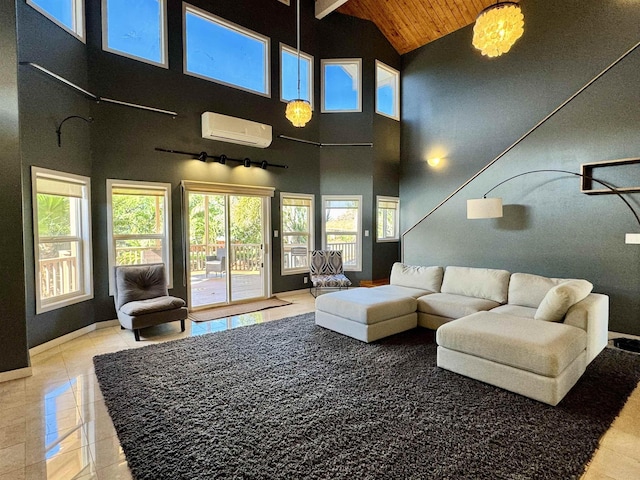 living room featuring a towering ceiling, a healthy amount of sunlight, a wall mounted AC, and wood ceiling