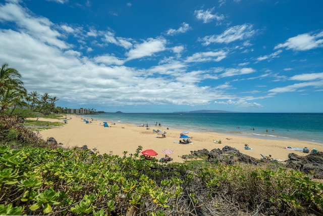 view of water feature with a beach view