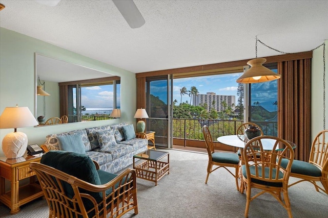 45 Kai Ala Dr Unit A409, Lahaina, HI 96761 - carpeted living area with ceiling fan, a textured ceiling, and plenty of natural light