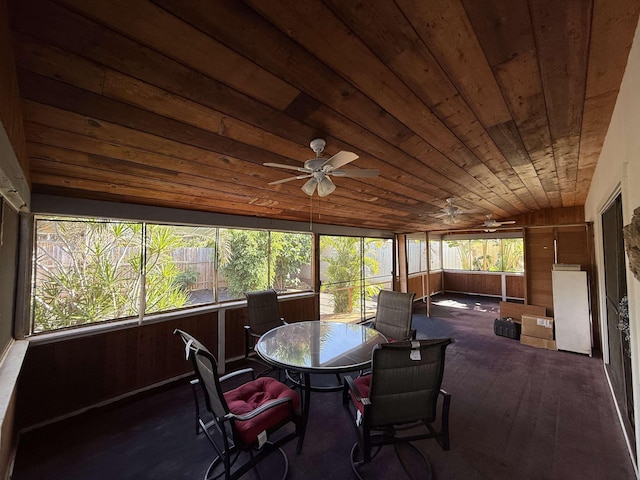 sunroom with a wealth of natural light, ceiling fan, and wood ceiling