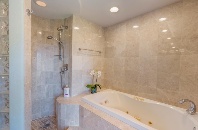 150 Puukolii Rd Unit 18, Lahaina, HI 96761 - bathroom with tile walls, a tub with jets, tiled shower, and recessed lighting