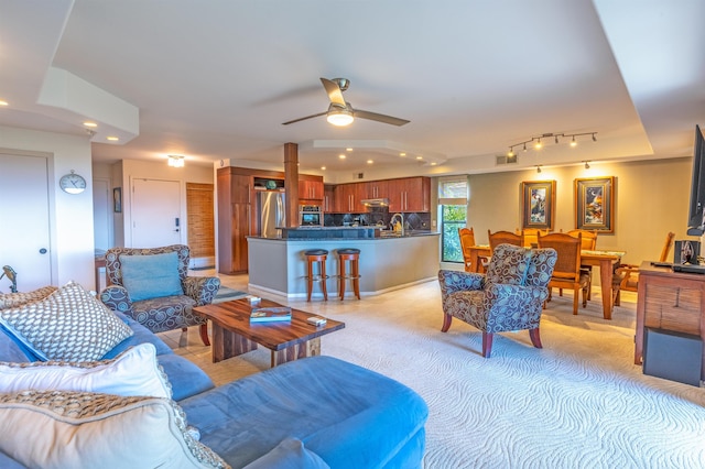 150 Puukolii Rd Unit 18, Lahaina, HI 96761 - living room with light carpet, ceiling fan, and recessed lighting