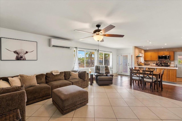 980 Kuhio Pl, Wailuku, HI 96793 - living area with a wall mounted air conditioner, ceiling fan, light tile patterned floors, and recessed lighting