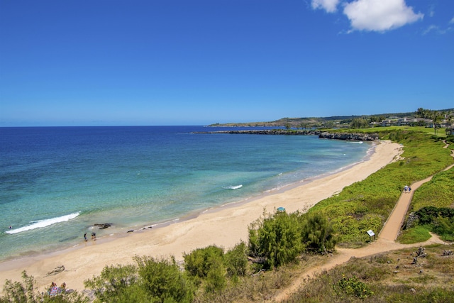 view of water feature with a beach view